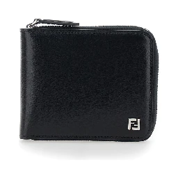 Black Card holder with Zip Closure and Front Logo in Leather for Men