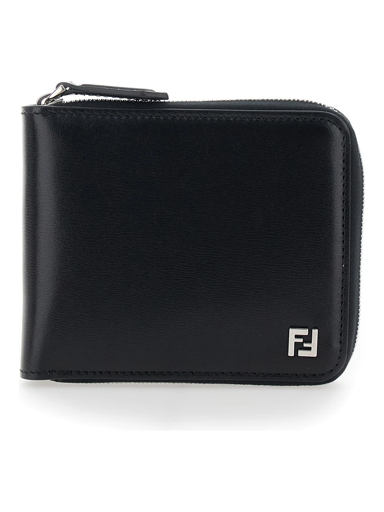 Black Card holder with Zip Closure and Front Logo in Leather for Men