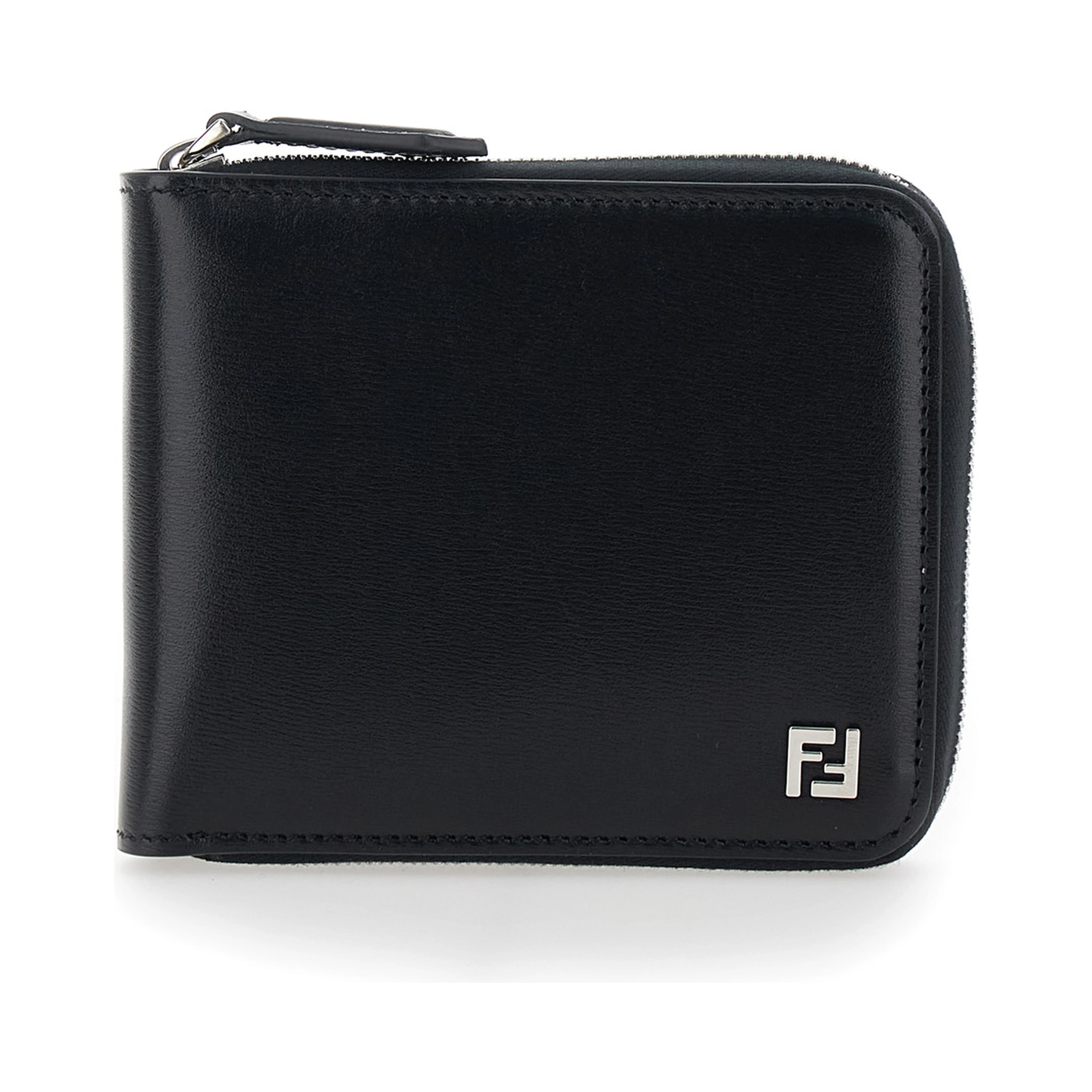 Black Card holder with Zip Closure and Front Logo in Leather for Men