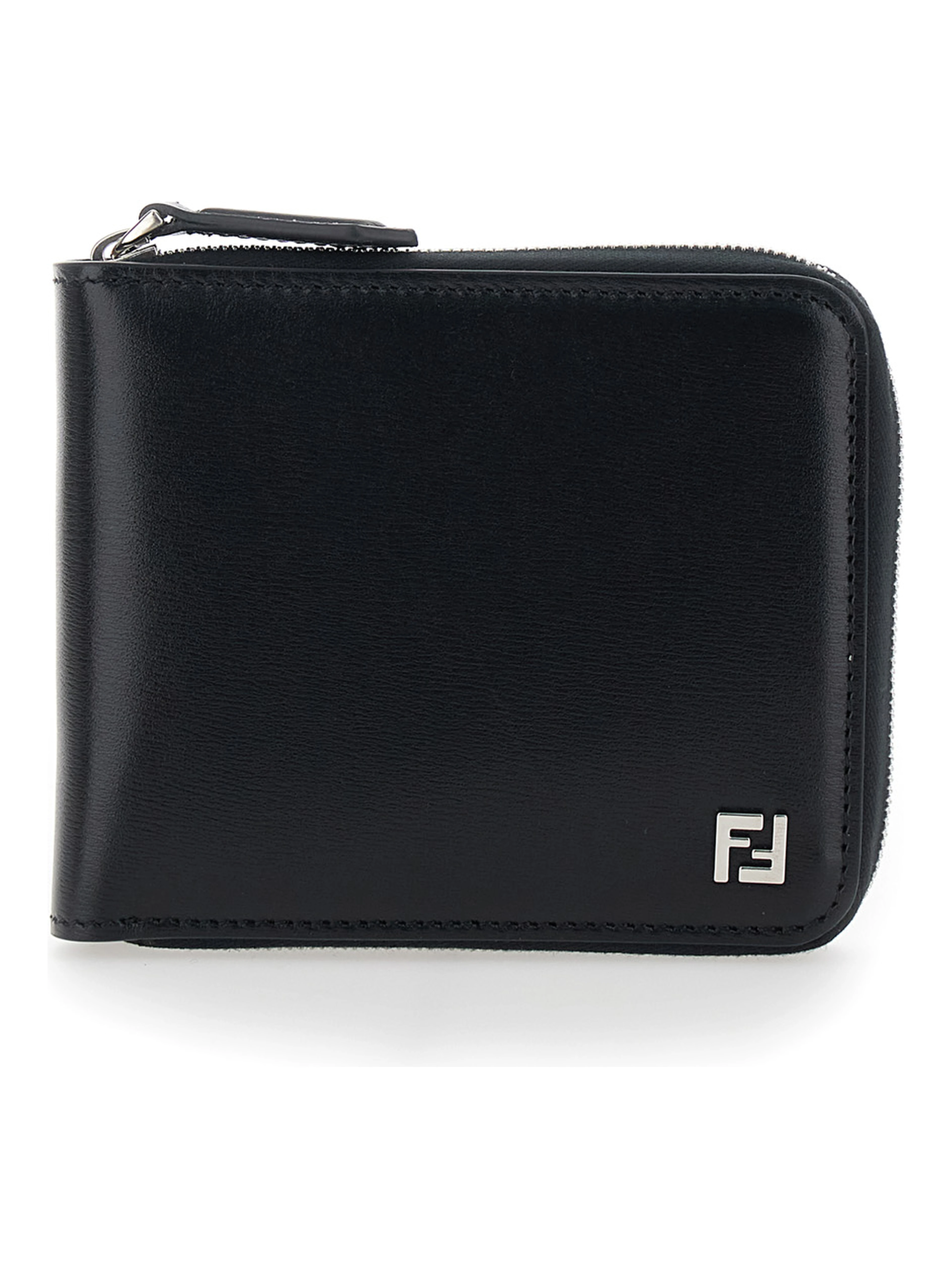 Black Card holder with Zip Closure and Front Logo in Leather for Men
