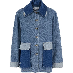 Blue Jacket with classic collar with fringed details and patchwork design in denim for women