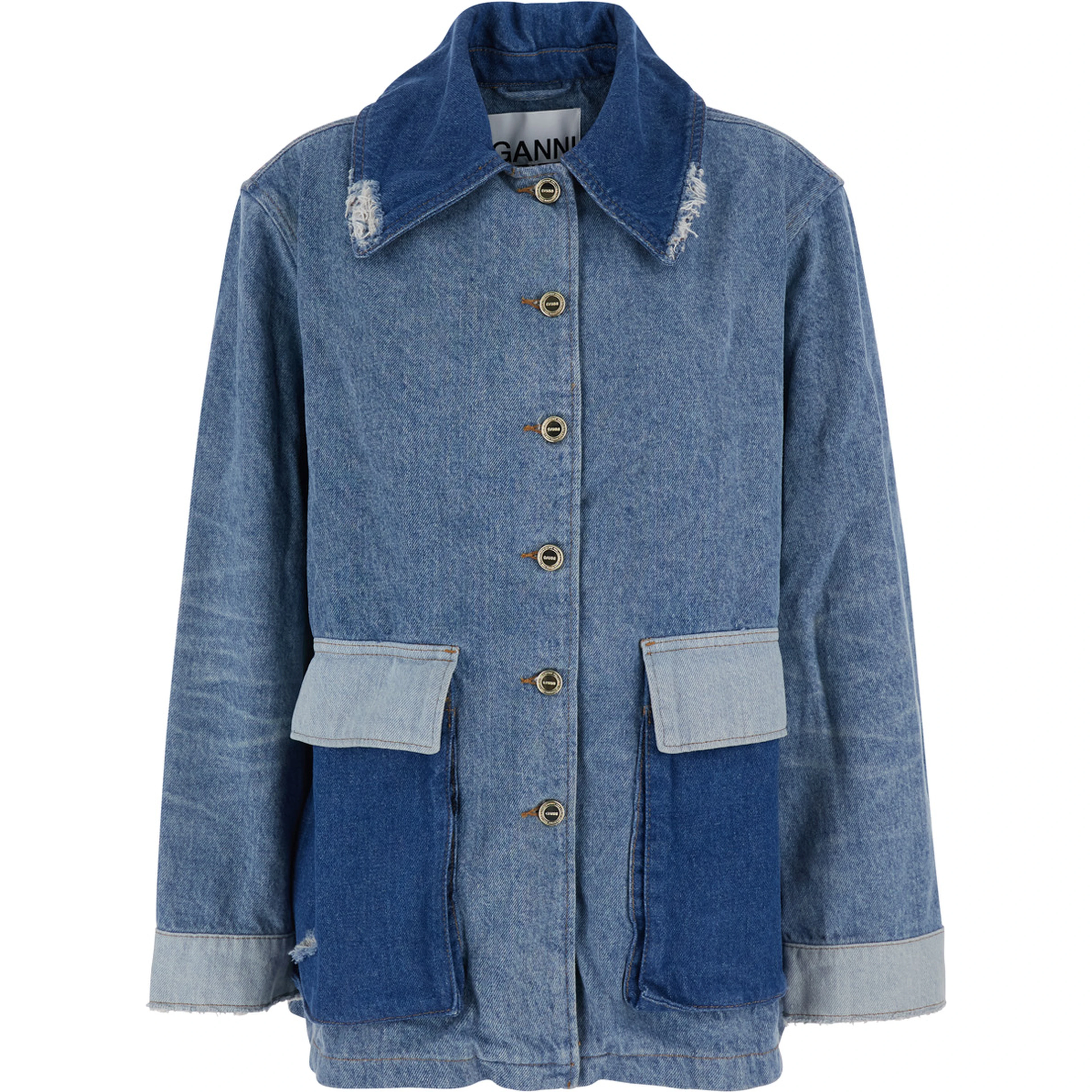 Blue Jacket with classic collar with fringed details and patchwork design in denim for women