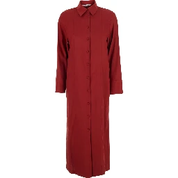 Nordic Red Long Dress with Classic Collar and Long Sleeves in Linen Blend Woman