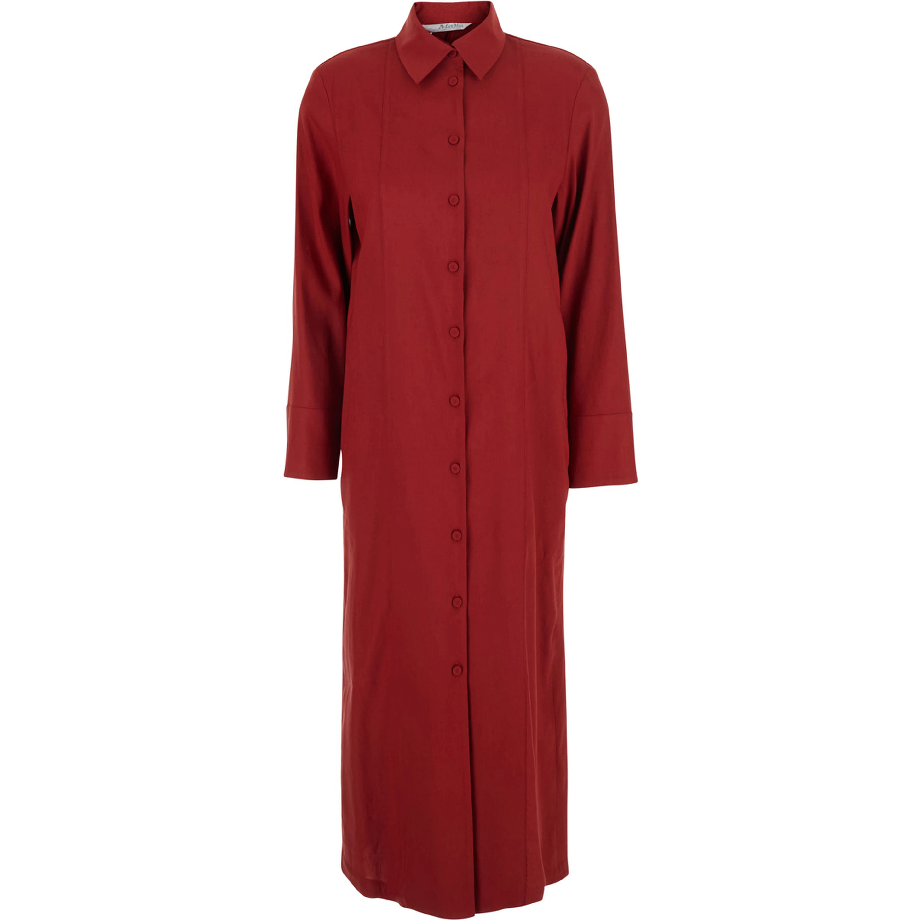 Nordic Red Long Dress with Classic Collar and Long Sleeves in Linen Blend Woman