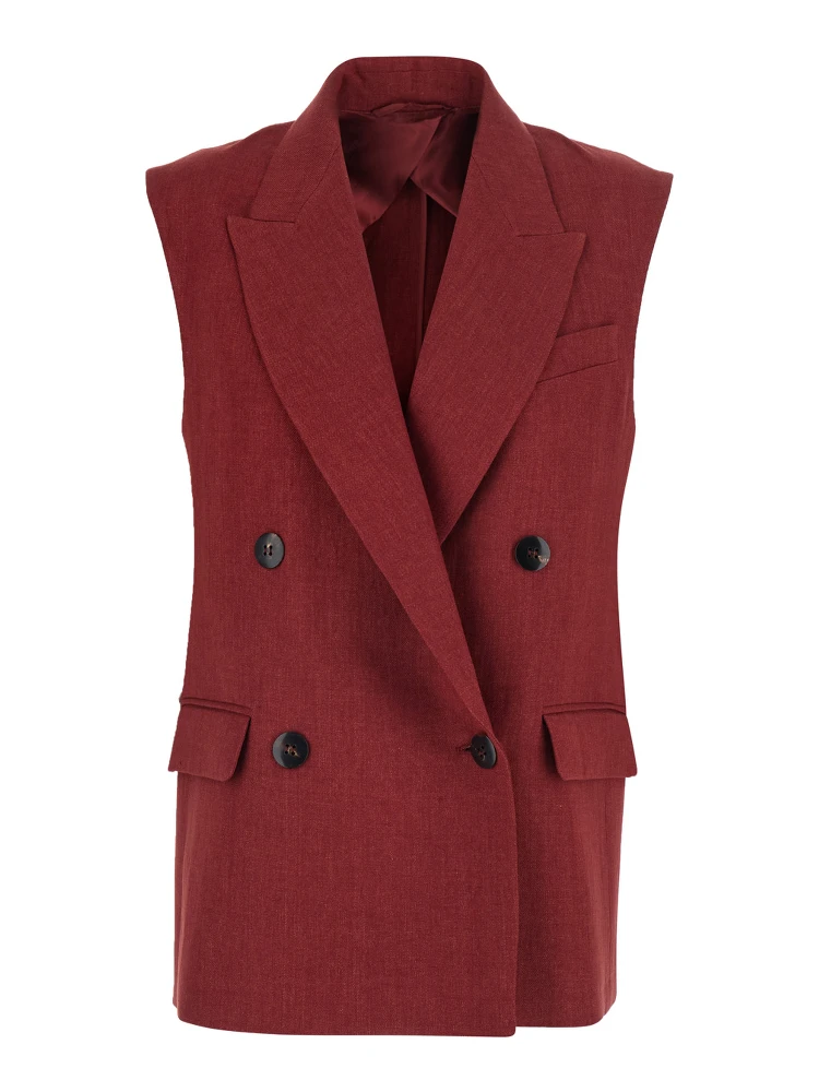 Mstaia Red Double-breasted Gilet with Front Closure in Linen for Women