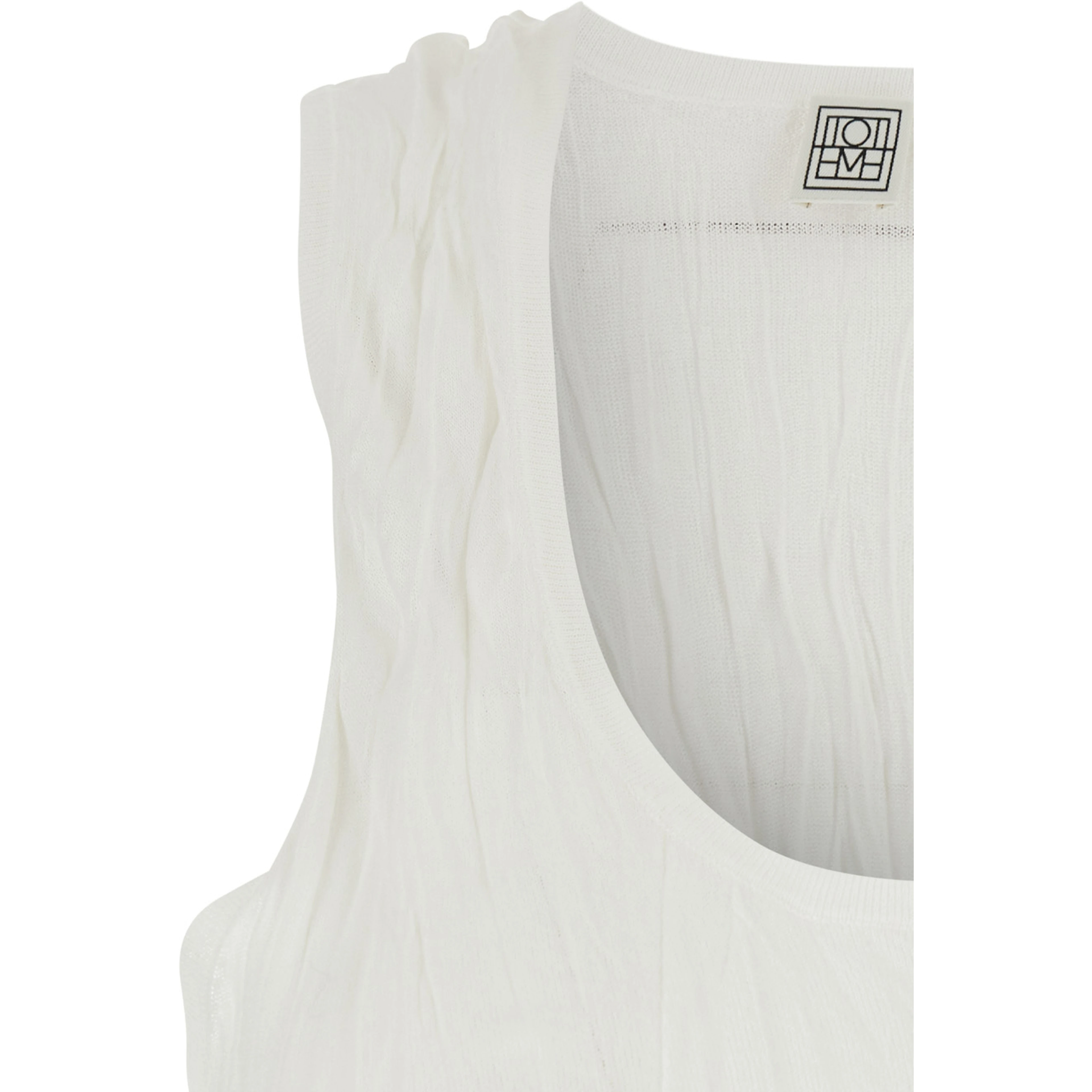 White Sleeveless top with round neckline and crinkled design in viscose for women