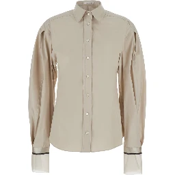 Beige Shirt with Monili decorations on the cuffs in cotton poplin women