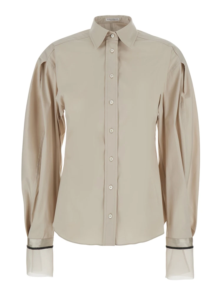 Beige Shirt with Monili decorations on the cuffs in cotton poplin women