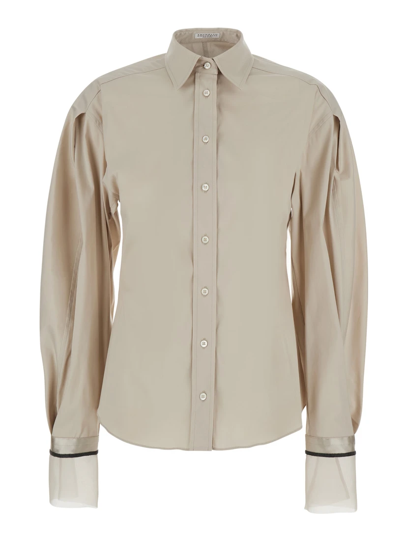 Beige Shirt with Monili decorations on the cuffs in cotton poplin women