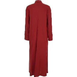 Nordic Red Long Dress with Classic Collar and Long Sleeves in Linen Blend Woman