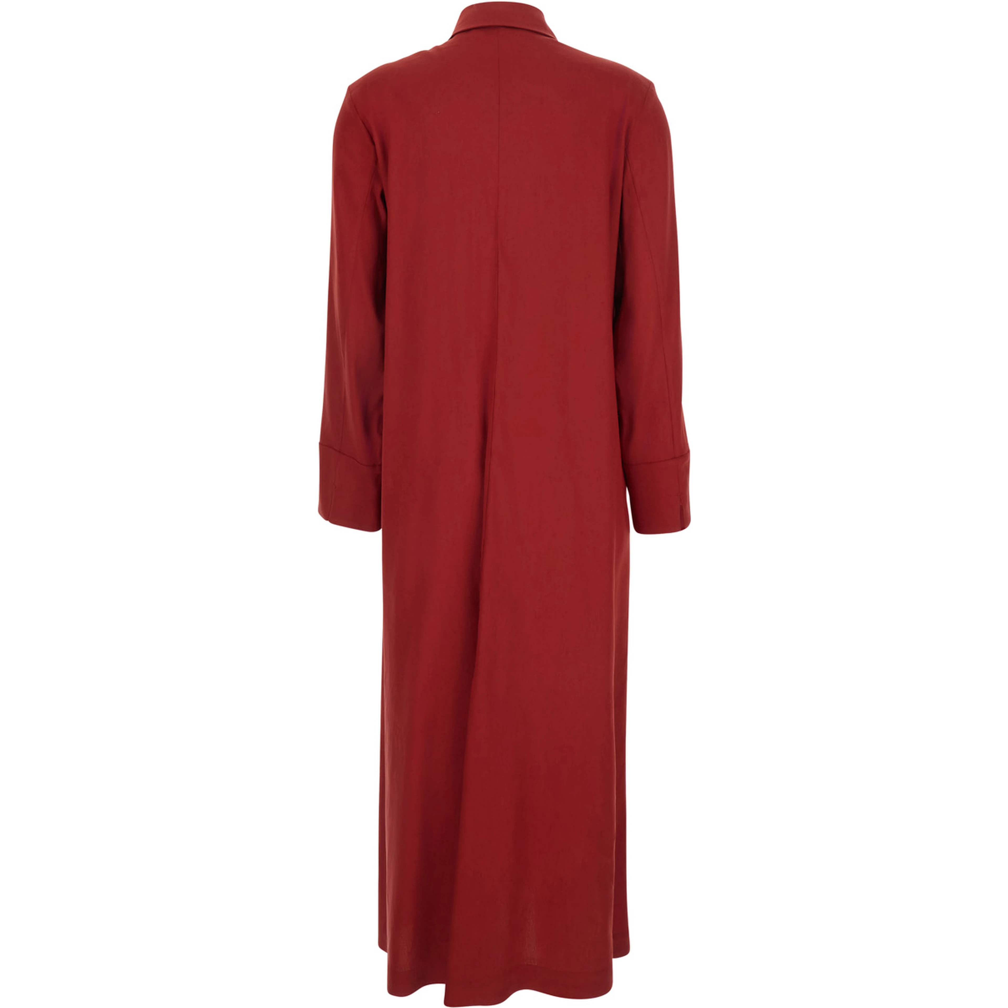 Nordic Red Long Dress with Classic Collar and Long Sleeves in Linen Blend Woman