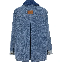 Blue Jacket with classic collar with fringed details and patchwork design in denim for women