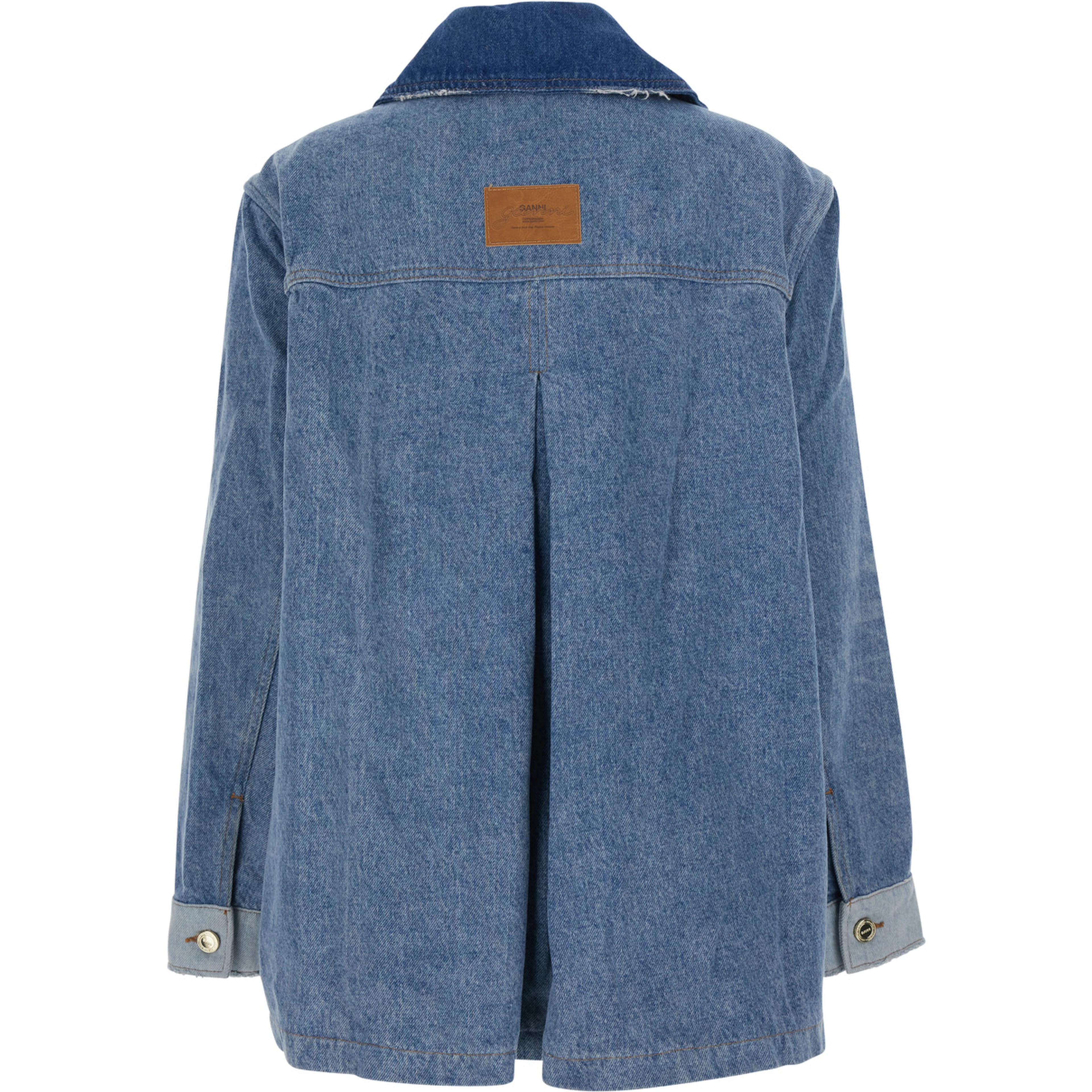Blue Jacket with classic collar with fringed details and patchwork design in denim for women