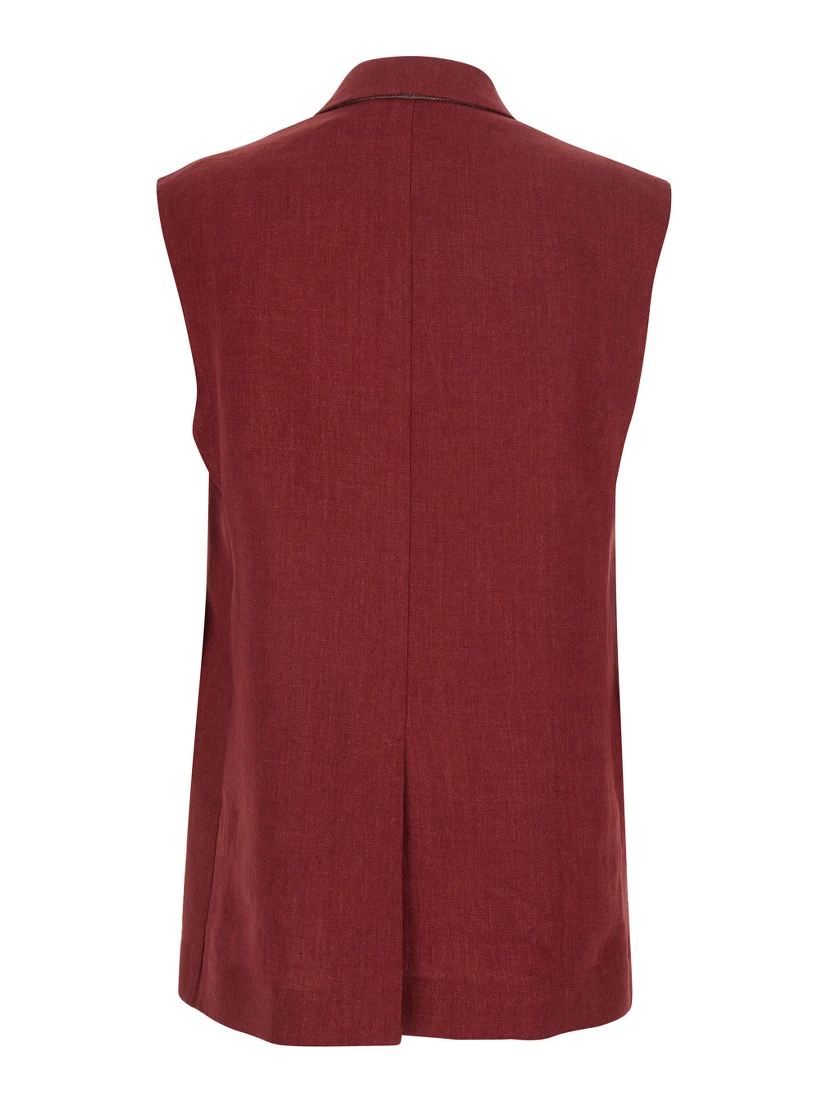 Mstaia Red Double-breasted Gilet with Front Closure in Linen for Women