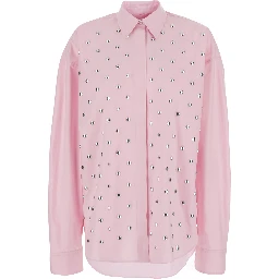 Pink Shirt with classic collar and stud decoration on the front in cotton for women