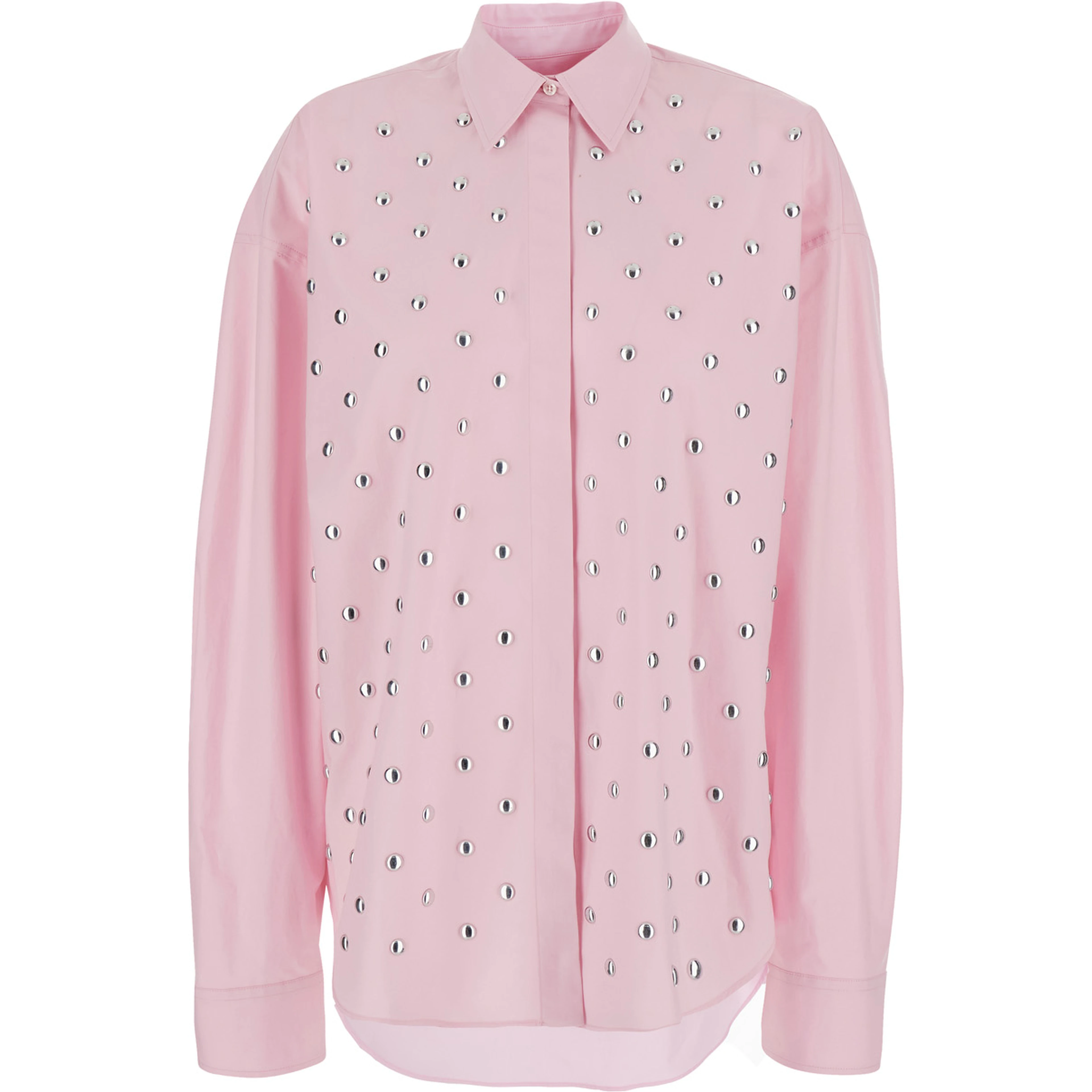 Pink Shirt with classic collar and stud decoration on the front in cotton for women