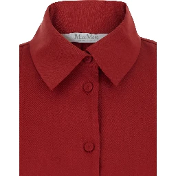 Nordic Red Long Dress with Classic Collar and Long Sleeves in Linen Blend Woman