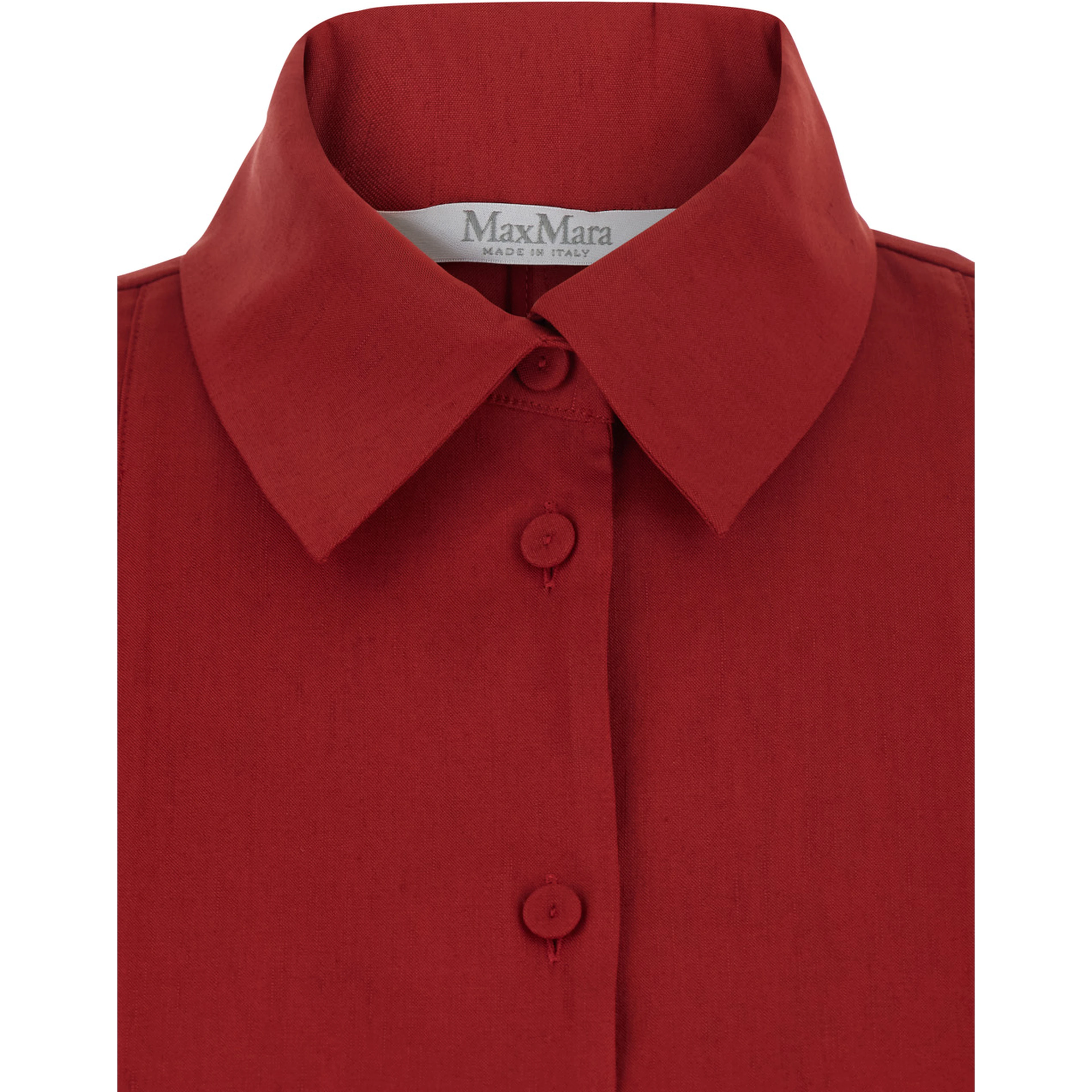 Nordic Red Long Dress with Classic Collar and Long Sleeves in Linen Blend Woman