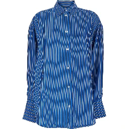 Blue Oversized Silk Shirt with Classic Collar and All-Over Stripes for Women