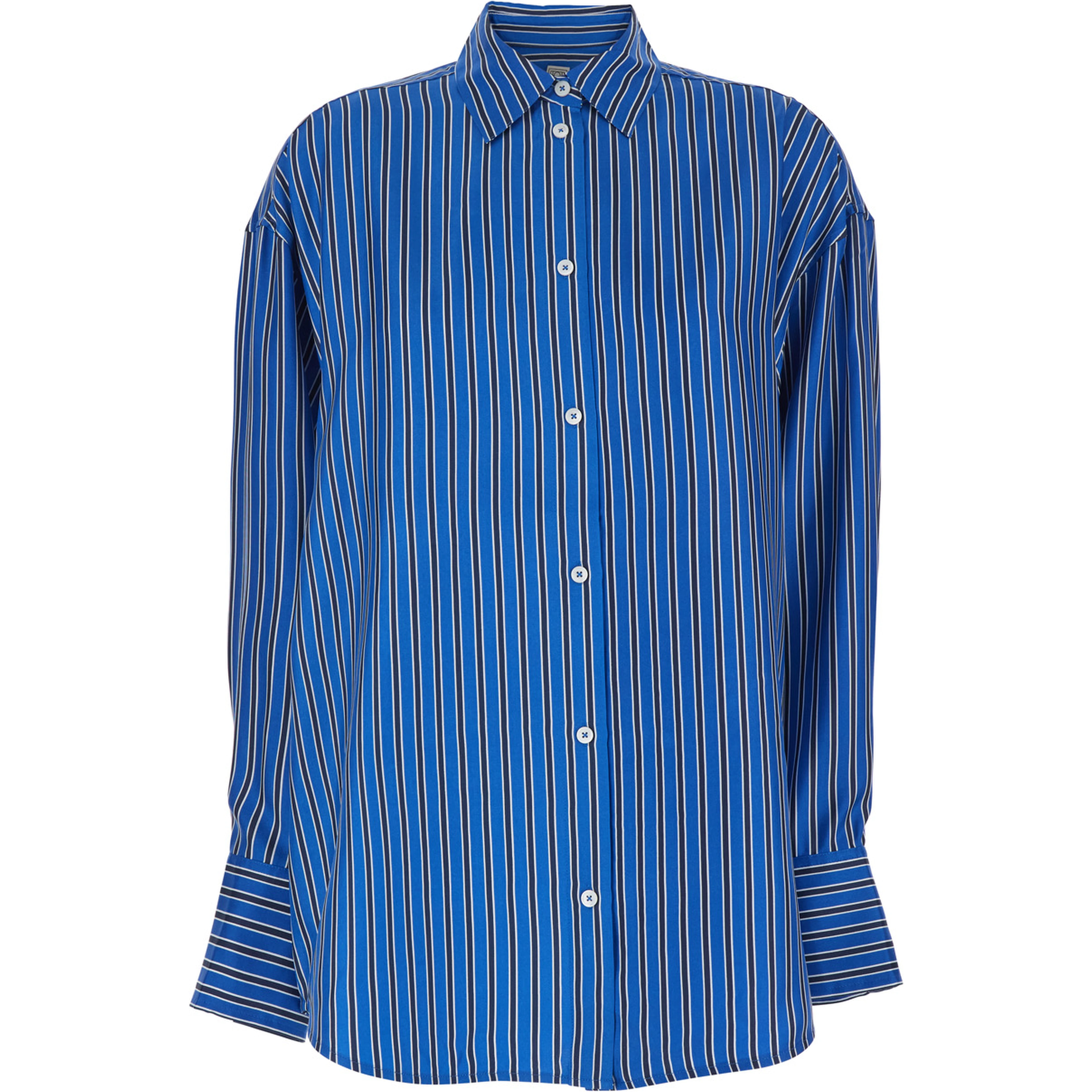 Blue Oversized Silk Shirt with Classic Collar and All-Over Stripes for Women