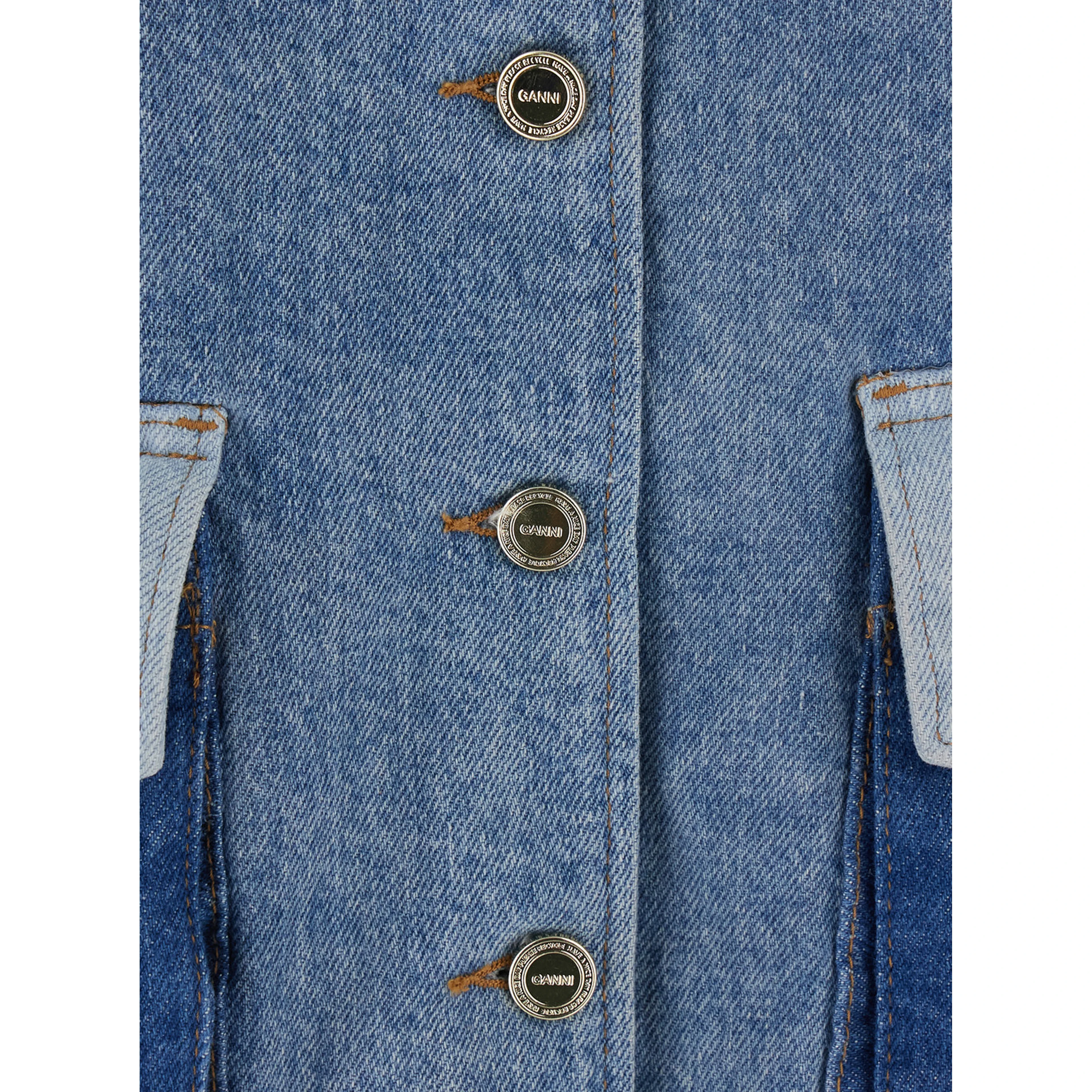 Blue Jacket with classic collar with fringed details and patchwork design in denim for women