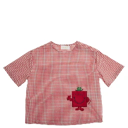 red T-shirt with check pattern and patch on the front in fabric baby