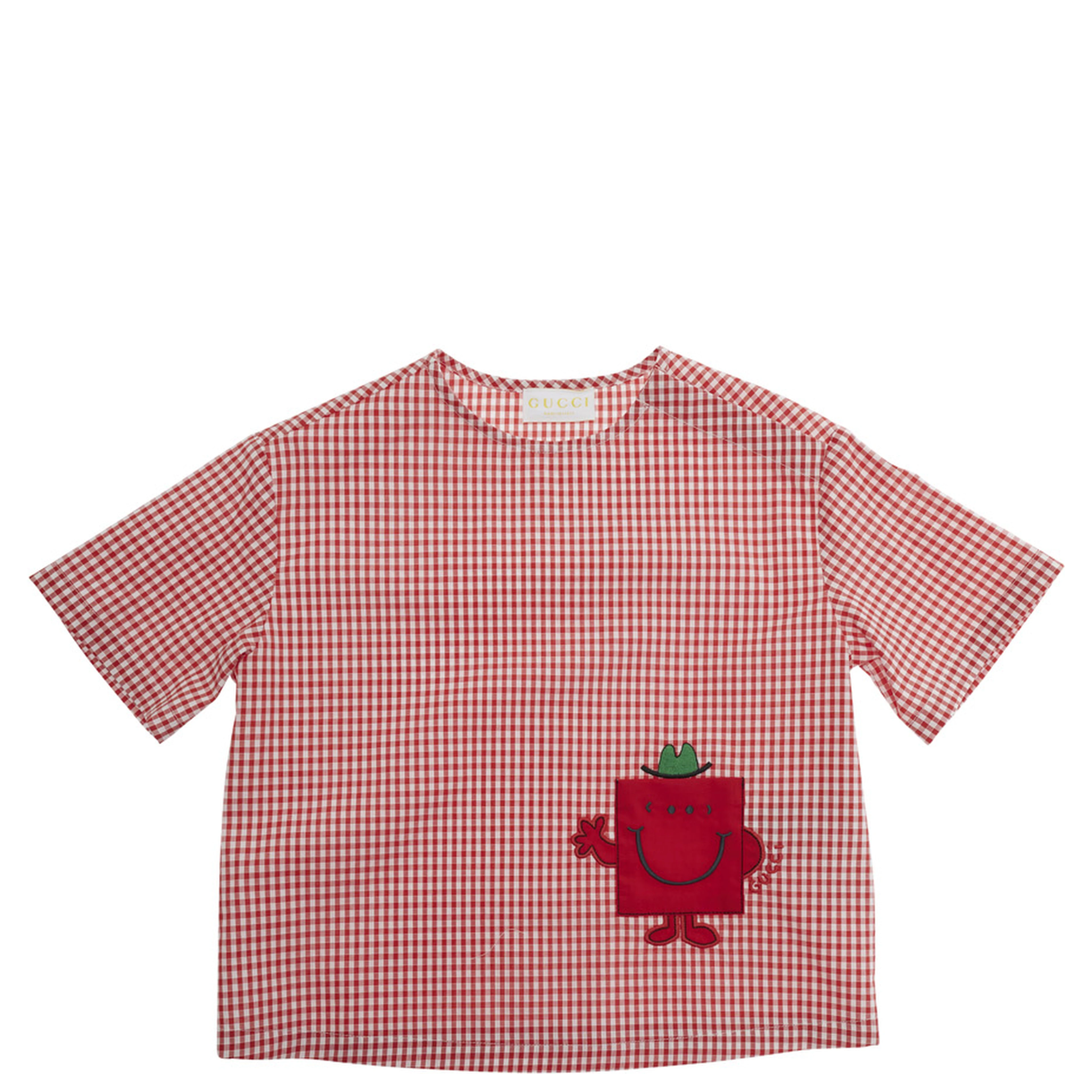 red T-shirt with check pattern and patch on the front in fabric baby