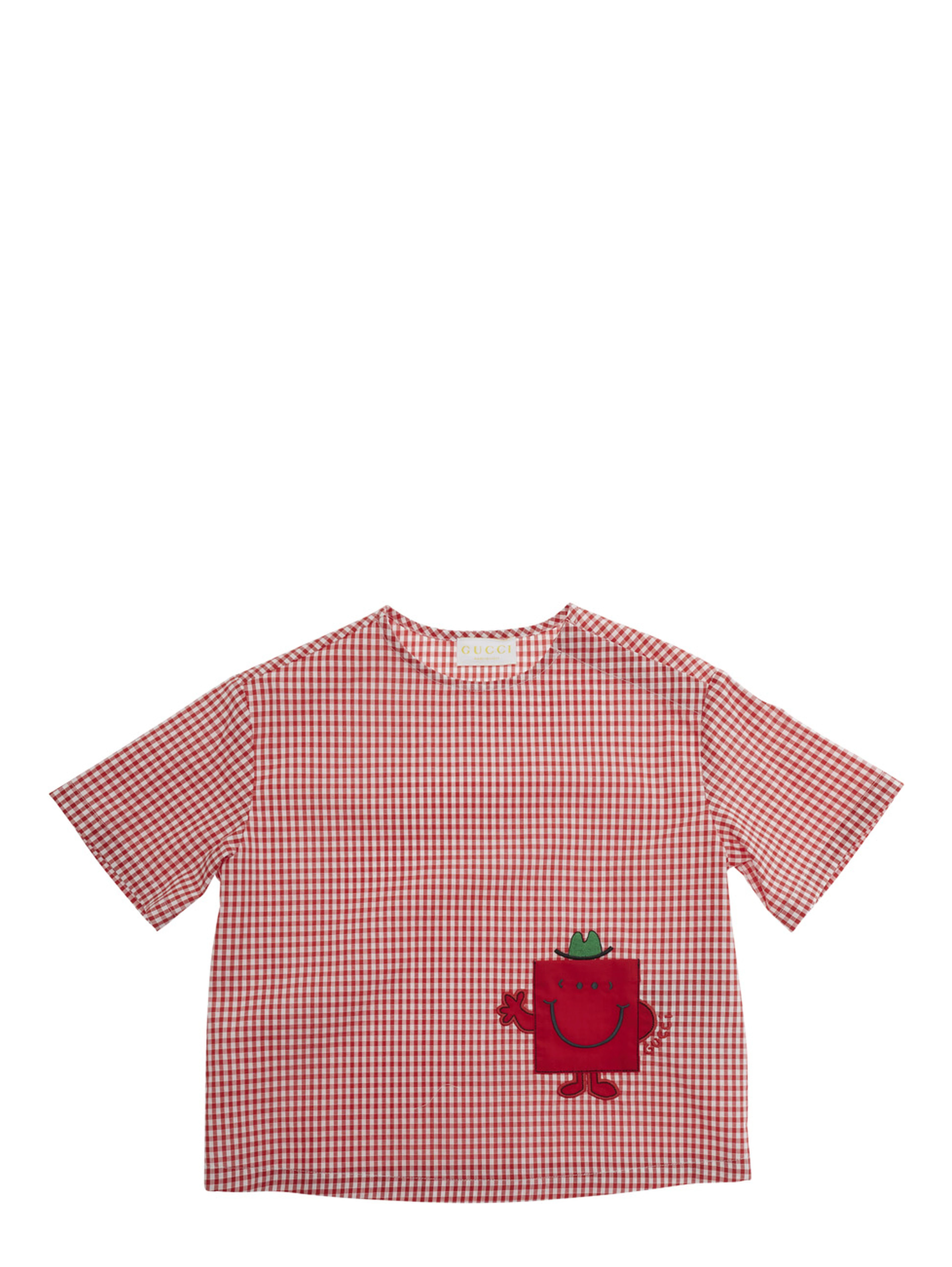 red T-shirt with check pattern and patch on the front in fabric baby