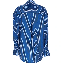 Blue Oversized Silk Shirt with Classic Collar and All-Over Stripes for Women
