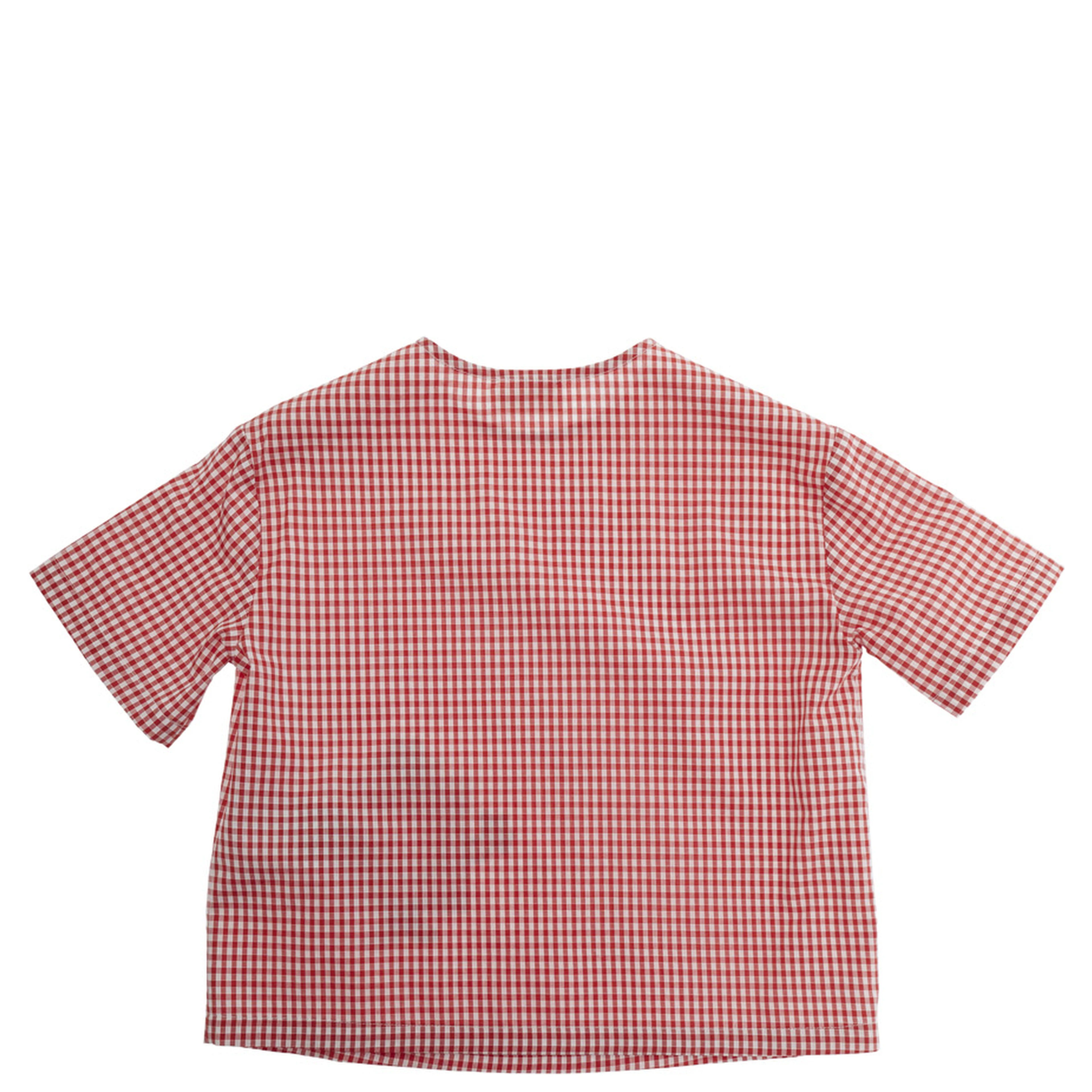 red T-shirt with check pattern and patch on the front in fabric baby