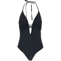 Black One-Piece Swimsuit with Knot Closure and Logo Plate on the Front in Tech Fabric for Women