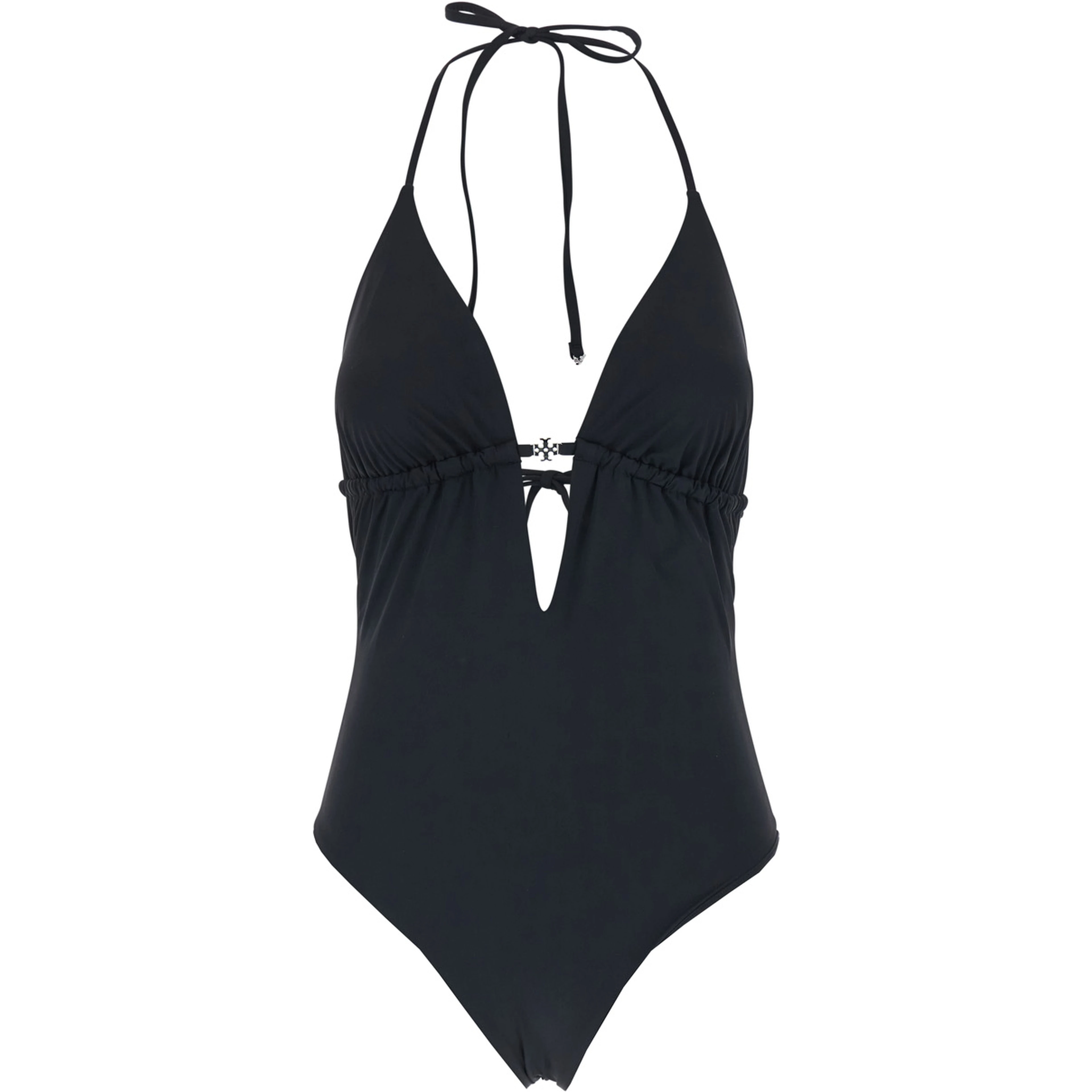 Black One-Piece Swimsuit with Knot Closure and Logo Plate on the Front in Tech Fabric for Women
