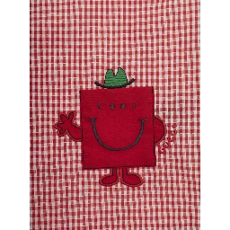 red T-shirt with check pattern and patch on the front in fabric baby