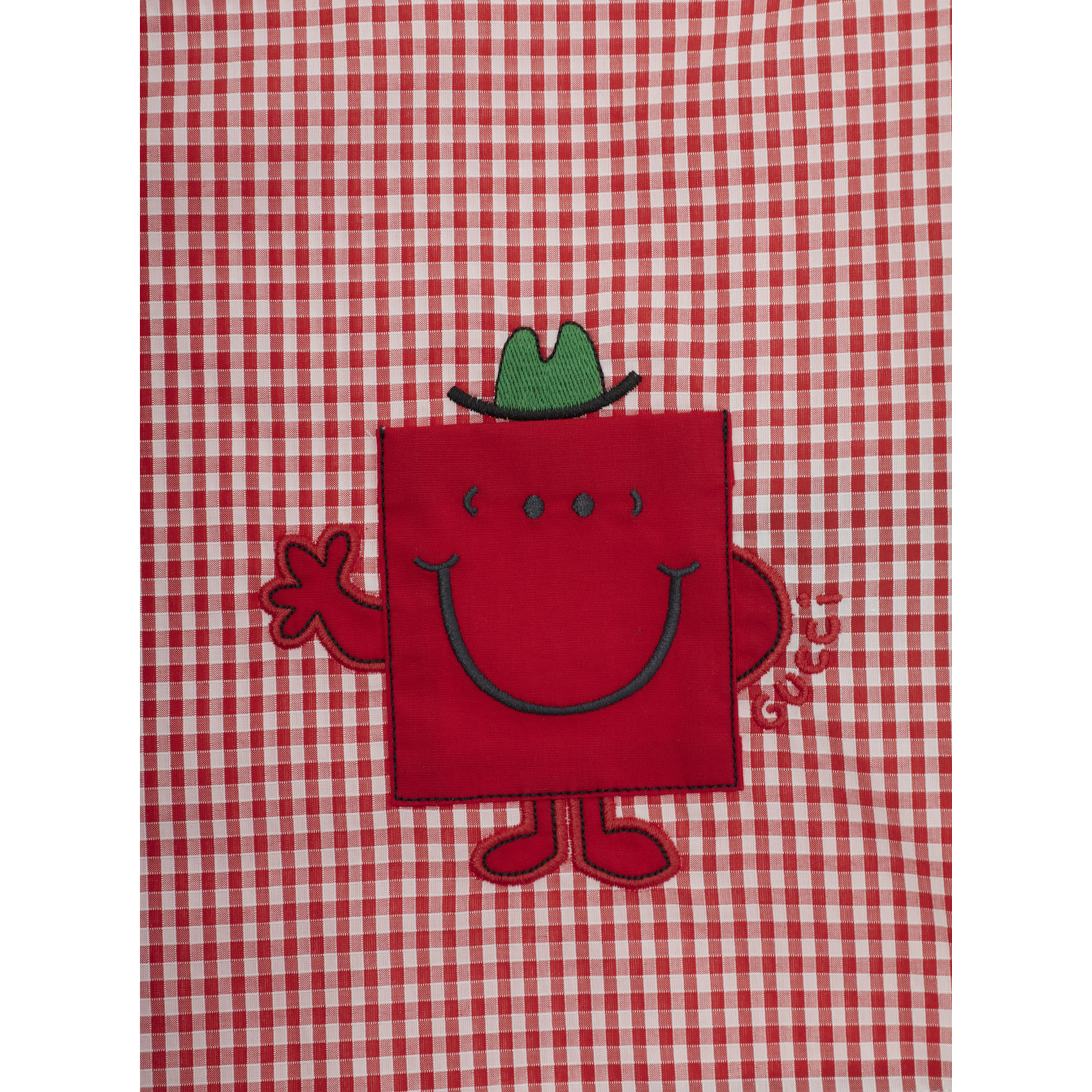 red T-shirt with check pattern and patch on the front in fabric baby