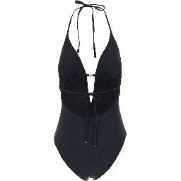 Black One-Piece Swimsuit with Knot Closure and Logo Plate on the Front in Tech Fabric for Women