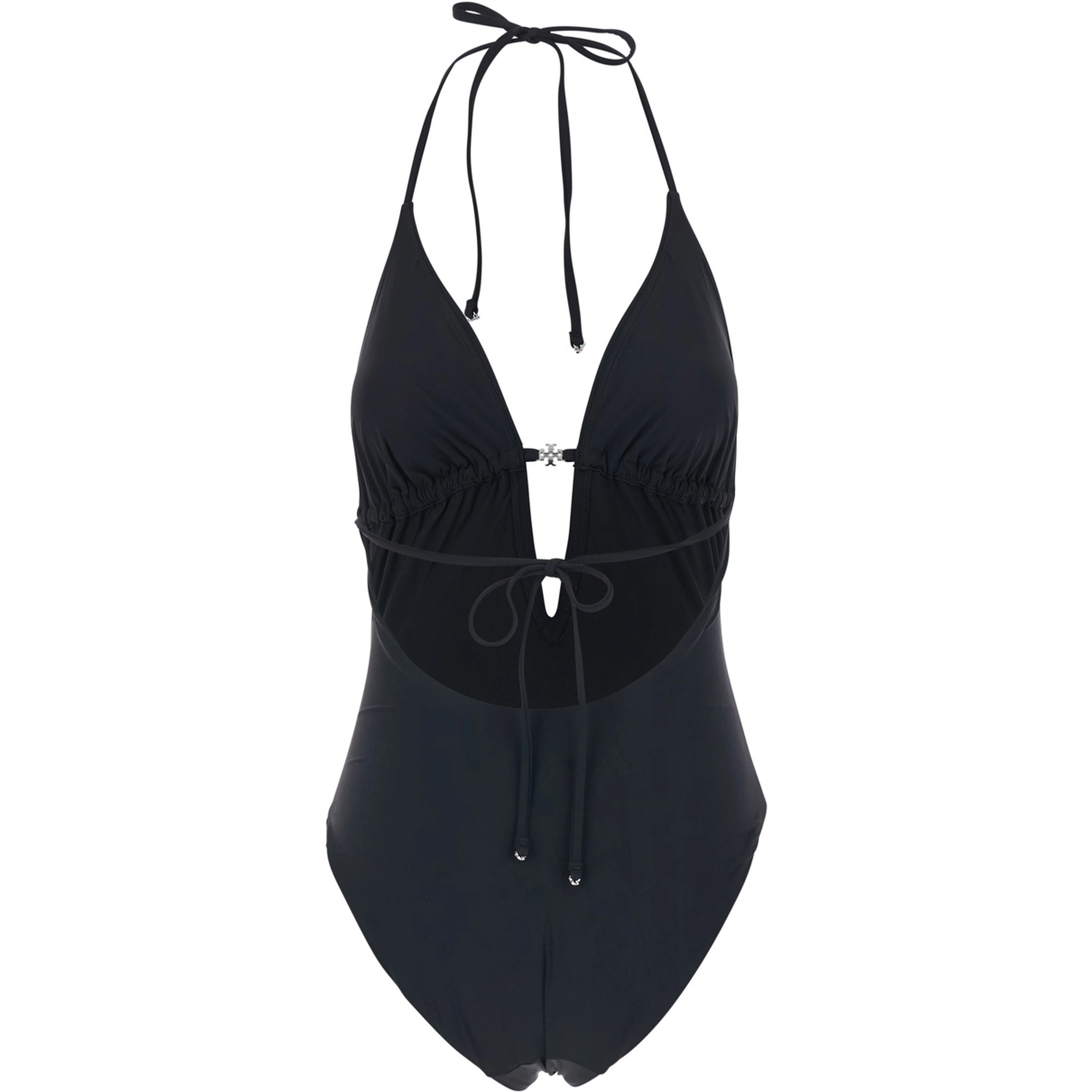 Black One-Piece Swimsuit with Knot Closure and Logo Plate on the Front in Tech Fabric for Women