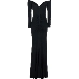 Black Off Shoulder Dress with Ruffles in Stretch Viscose for Women