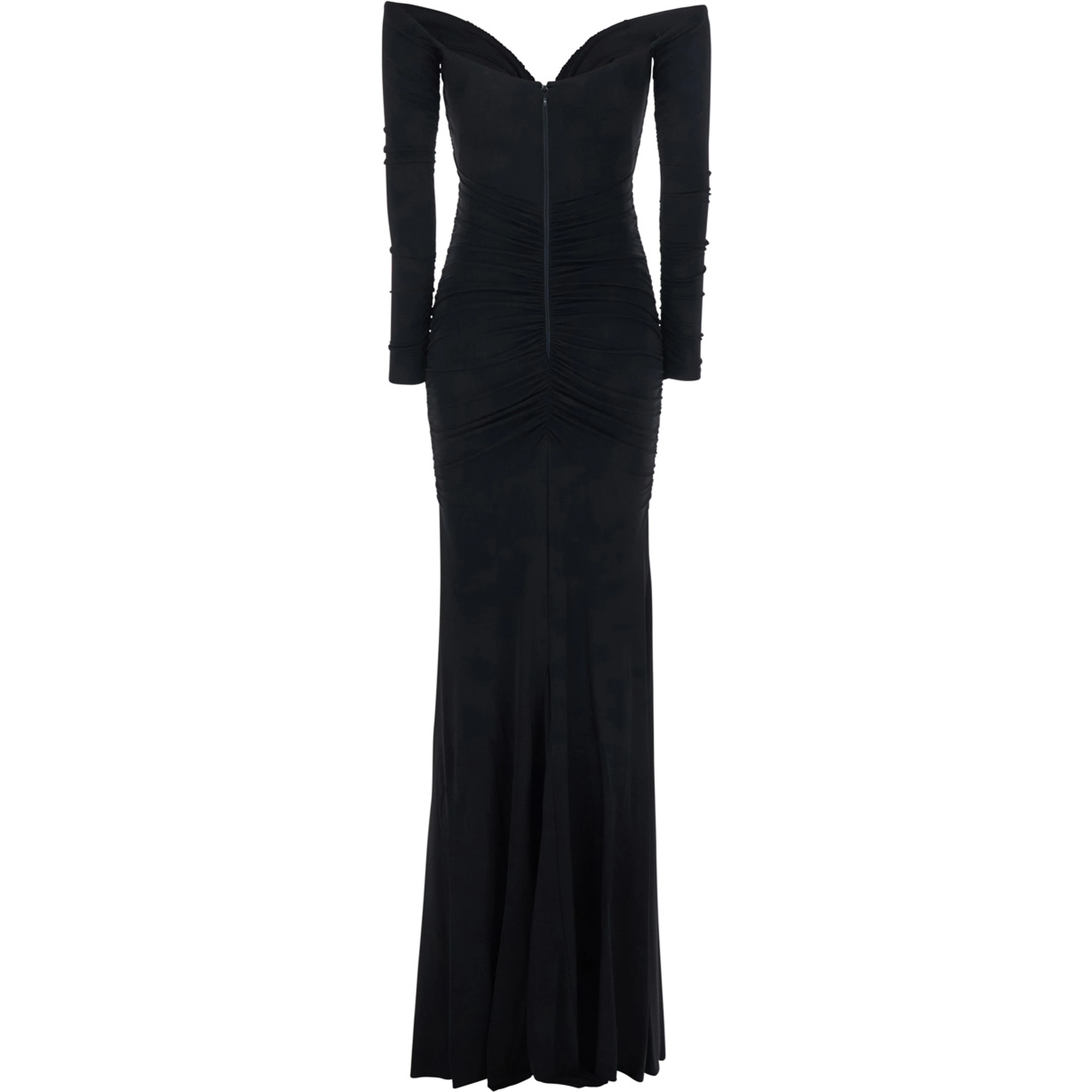 Black Off Shoulder Dress with Ruffles in Stretch Viscose for Women