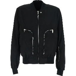 Black Bomber Jacket with bomber collar and zip pockets on the front in cotton for men