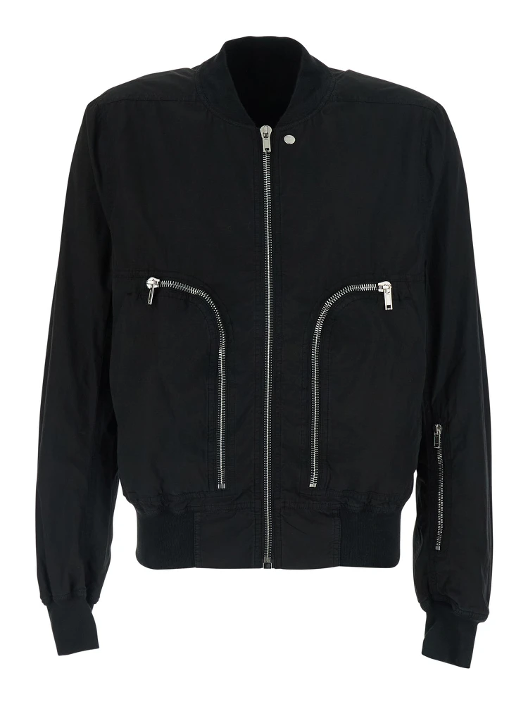 Black Bomber Jacket with bomber collar and zip pockets on the front in cotton for men