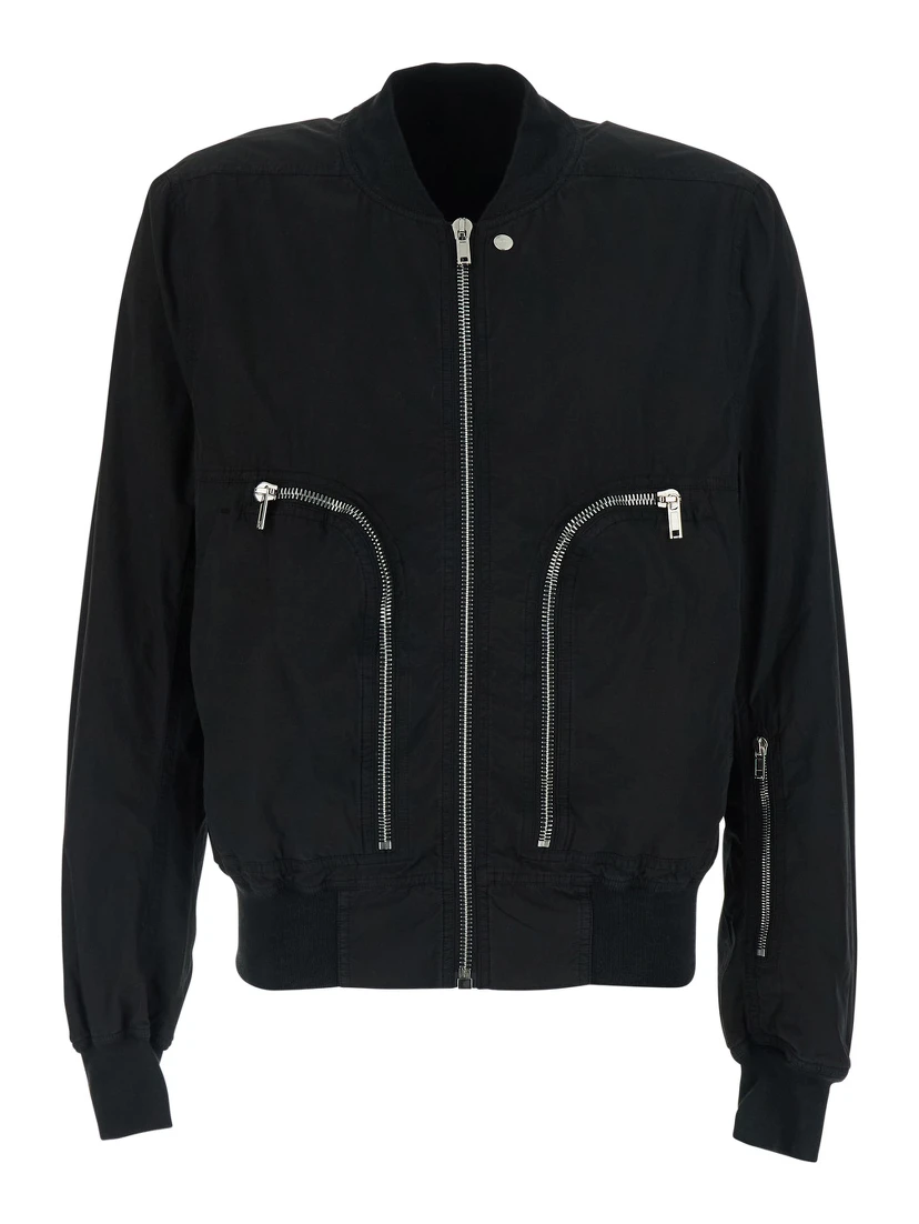 Black Bomber Jacket with bomber collar and zip pockets on the front in cotton for men