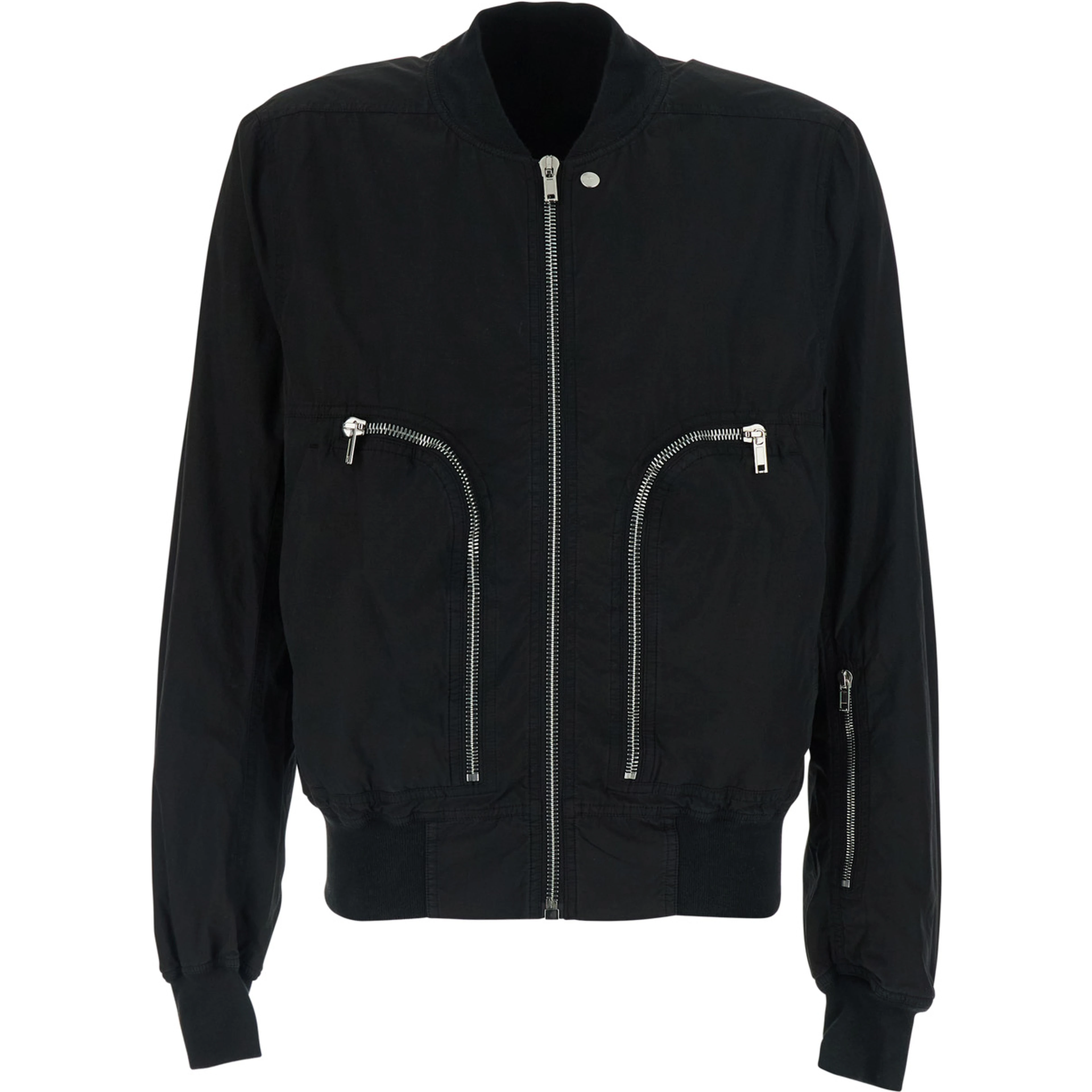 Black Bomber Jacket with bomber collar and zip pockets on the front in cotton for men