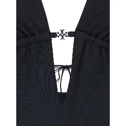 Black One-Piece Swimsuit with Knot Closure and Logo Plate on the Front in Tech Fabric for Women