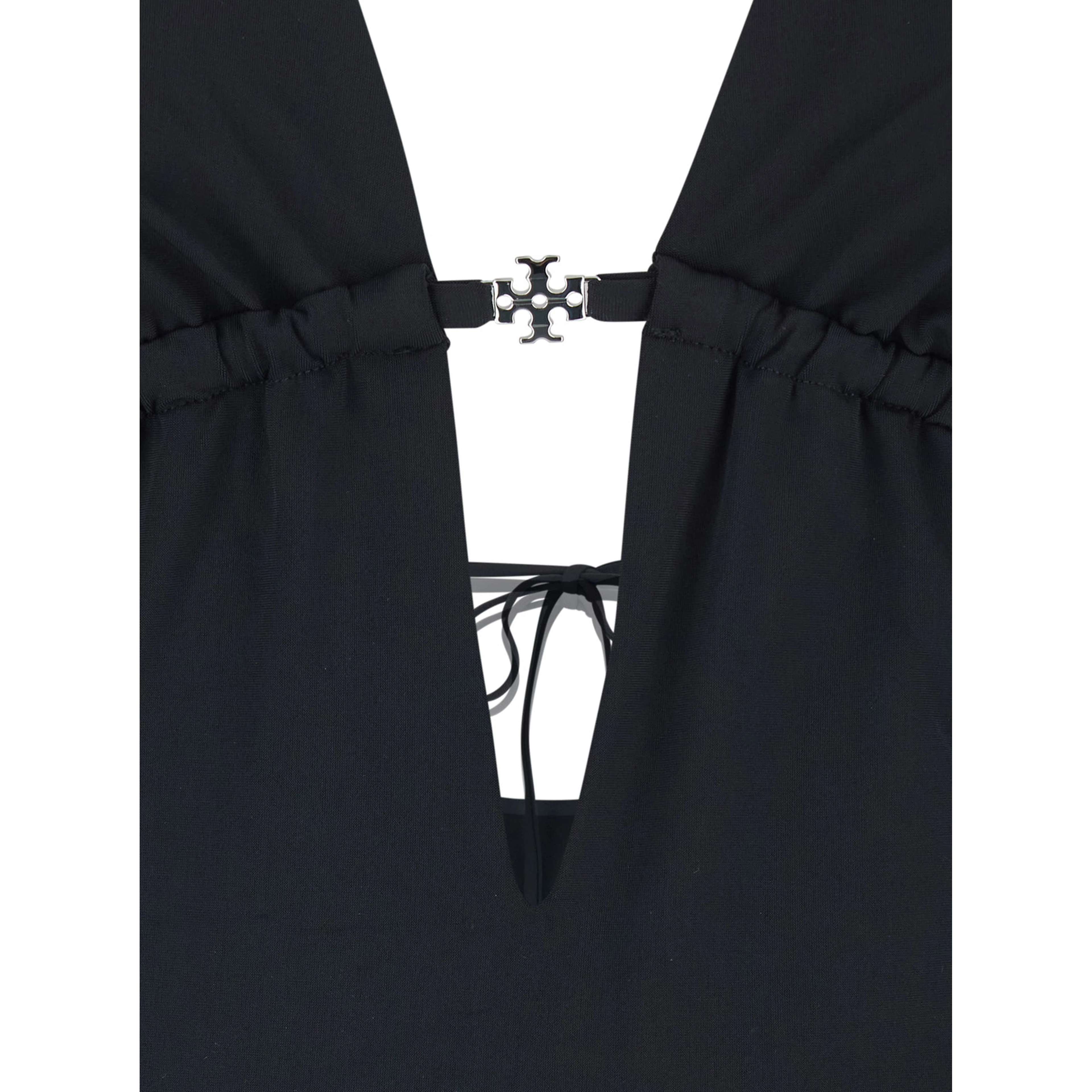 Black One-Piece Swimsuit with Knot Closure and Logo Plate on the Front in Tech Fabric for Women