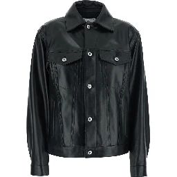 Black Jacket with classic collar and Intreccio motif on the back in leather for women