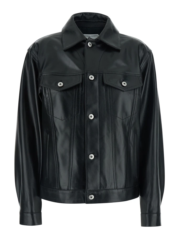 Black Jacket with classic collar and Intreccio motif on the back in leather for women