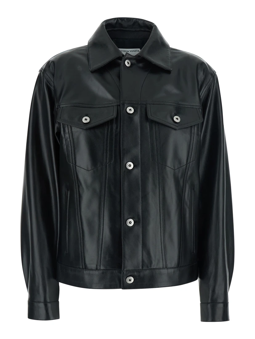 Black Jacket with classic collar and Intreccio motif on the back in leather for women