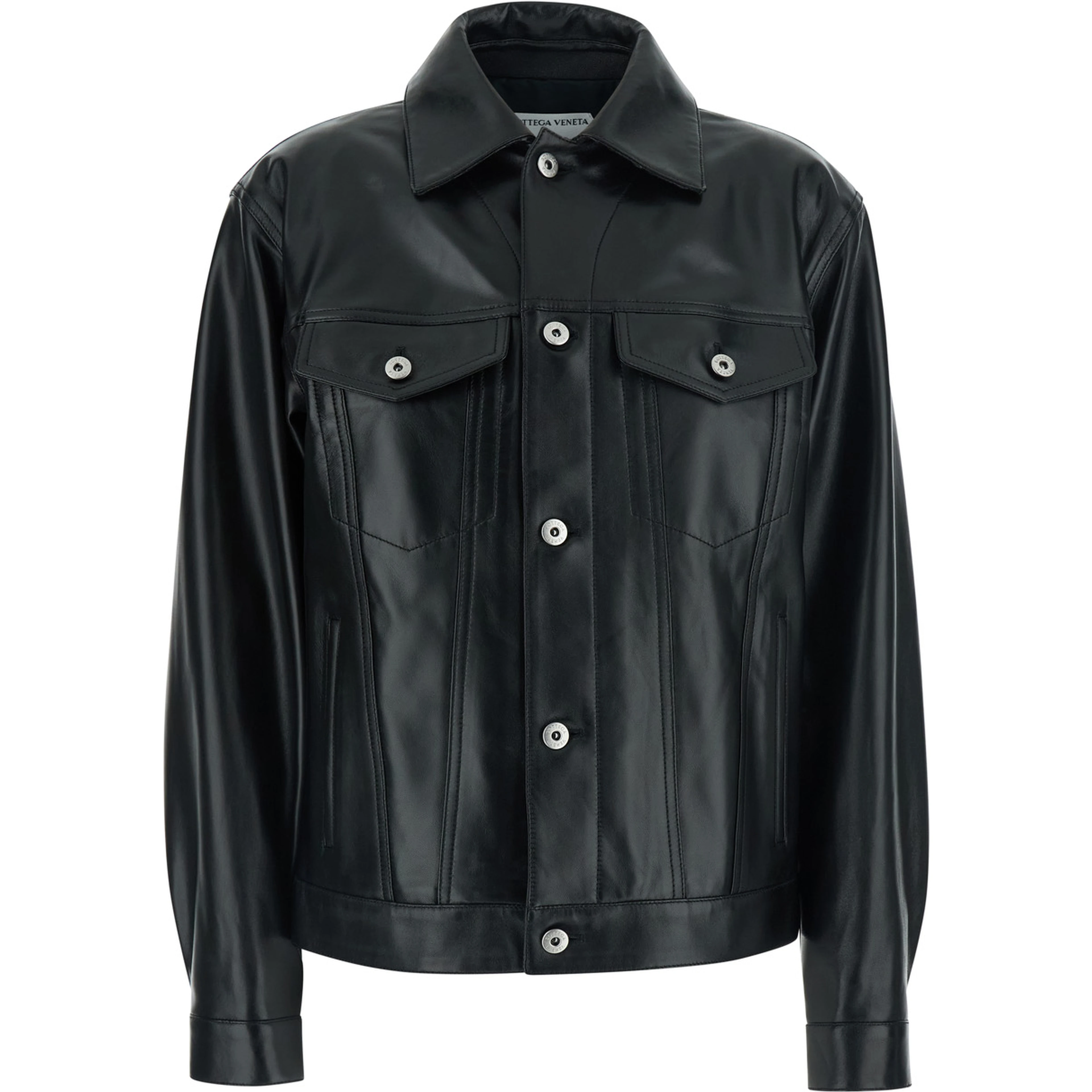 Black Jacket with classic collar and Intreccio motif on the back in leather for women