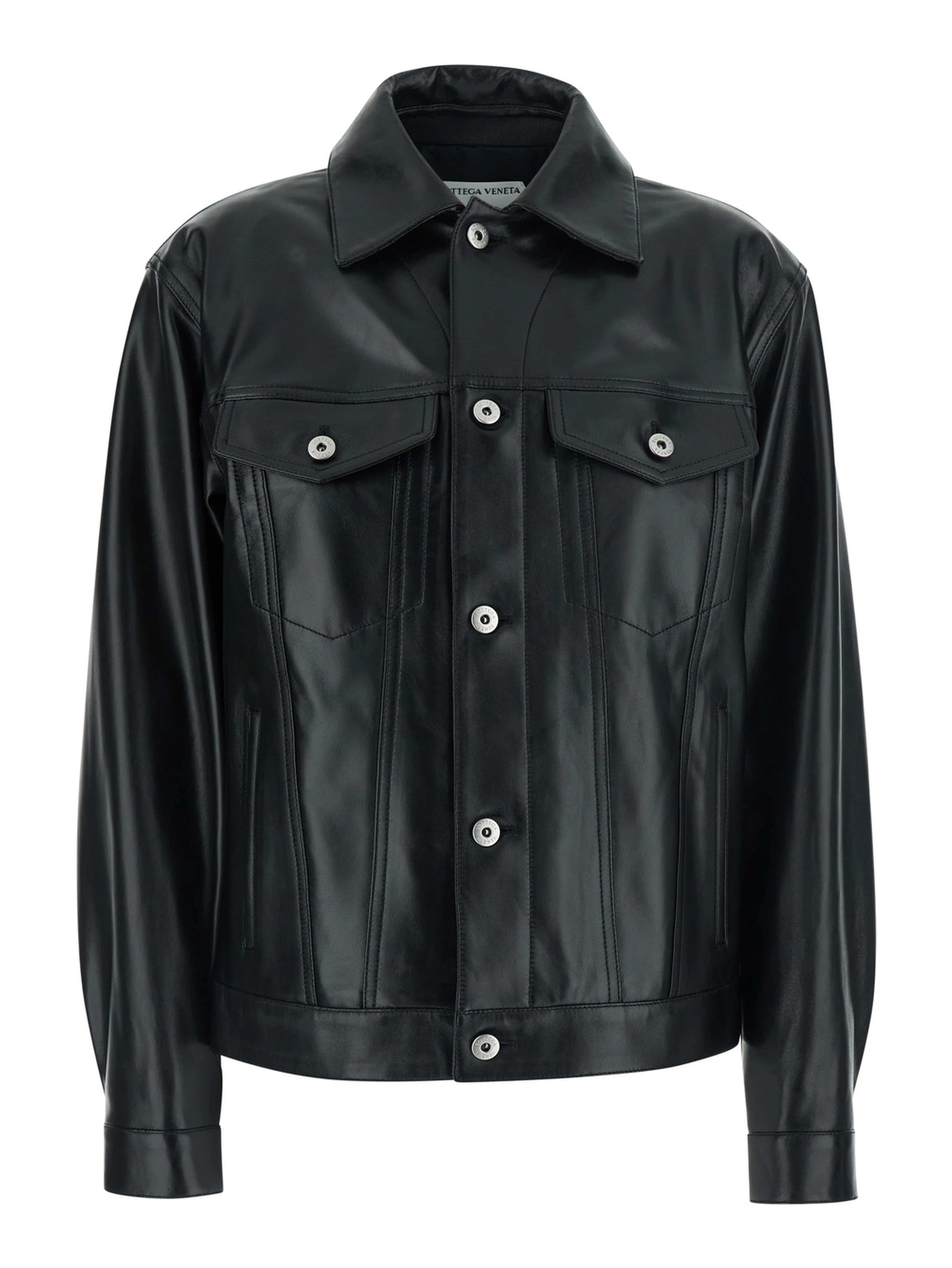 Black Jacket with classic collar and Intreccio motif on the back in leather for women