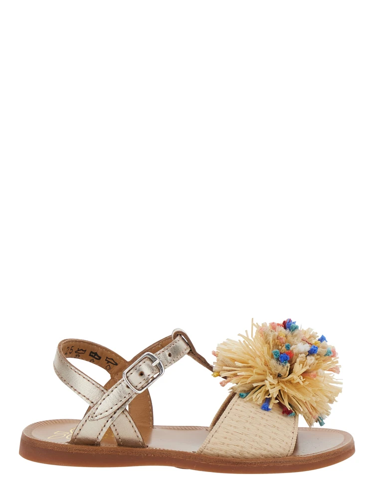 GOLD LAMINATED RAFFIA POMPOM SANDALS - Cream - Girl